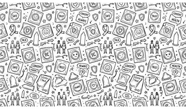 Male Condom Packaging Seamless Doodle Background for Sexual Health Education Vector Design
