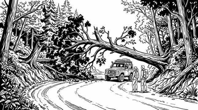 Couple with off-road vehicle facing a fallen tree in the forest