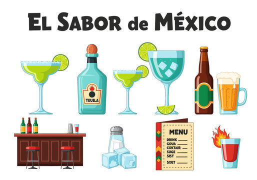 Mexicanthemed drink illustrations including margaritas tequila beer bar furniture and a menu card