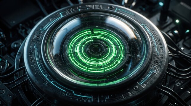 Futuristic cybernetic interface with glowing green circuitry represents artificial intelligence machine learning and advanced neurolink technology