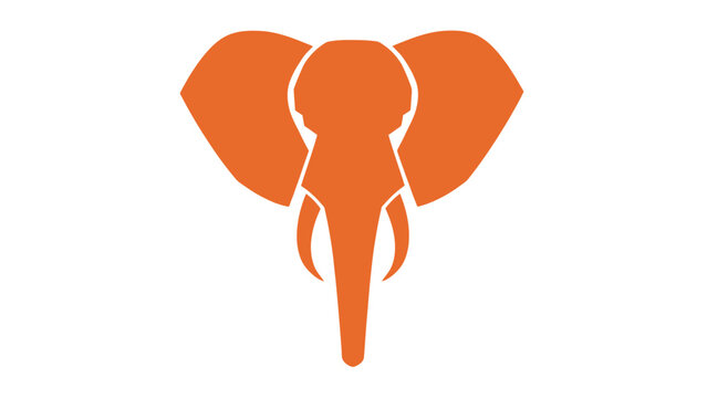 Minimalist orange elephant head with tusks and large ears, on white