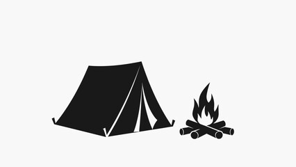 Silhouette of a tent and a campfire, representing outdoor recreation and camping © Nenes