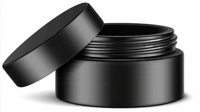 Black Cosmetic Jar with Open Lid Showcasing Empty Interior and Sleek Modern Design