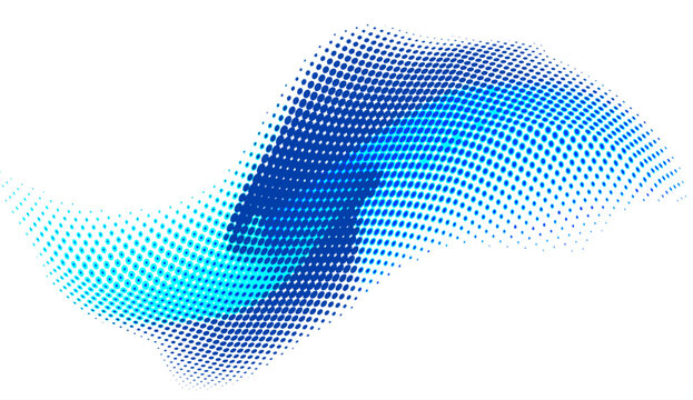 未来志向のデジタルネットワークを表現した青色グラデーションの流動的なドットウェーブが広がる先進テクノロジー抽象背景素材