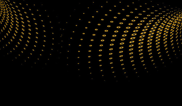 ブラック背景に黄金色のドットが立体的な波動を描く高級感あふれるラグジュアリーな抽象テクノロジーアート