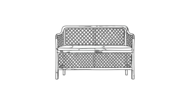 Black and White Illustration of Wicker Sofa.