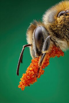 A macro shot of a bee's leg, highlighting the corbicula (pollen basket) stuffed full of bright orange pollen, isolated on green background