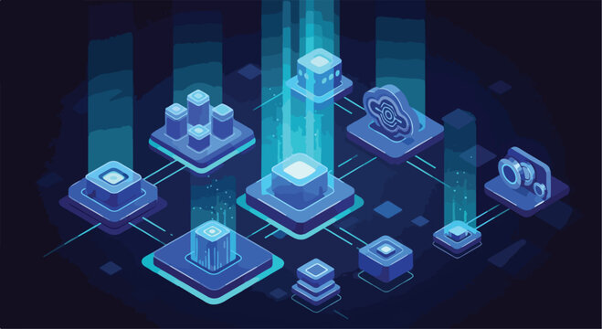 Isometric cloud computing network vector, futuristic big data server farm infrastructure, glowing digital database storage system