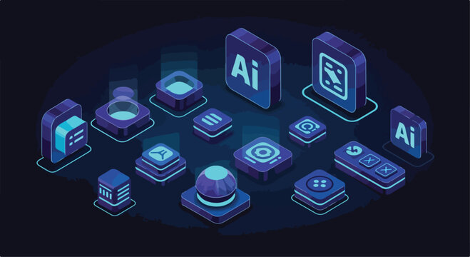 Isometric artificial intelligence icons set, futuristic glowing 3D digital interface elements, neon blue tech software symbols on dark background