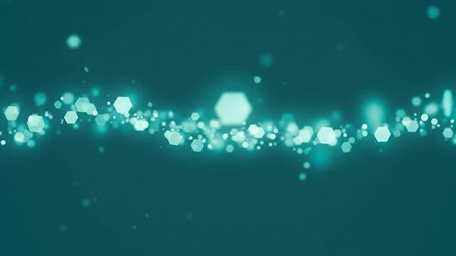Abstract background featuring glowing teal hexagonal particles in motion