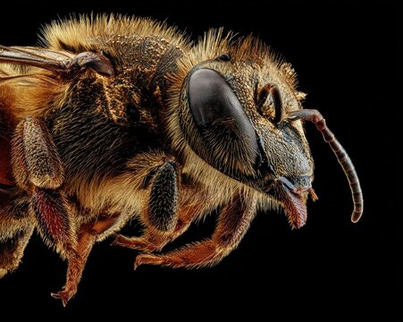 A macro shot of a bee's spiracles (breathing holes) on its abdomen, scientific imaging, extreme detail, black background