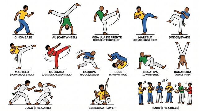Capoeira Brazilian Martial Art Dance Move Sequence Flat Illustration Set