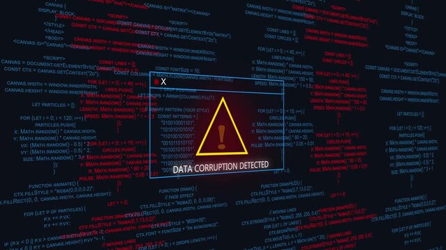 Data corruption alert: glitch effect animation with warning symbol, digital distortion, cybersecurity warning