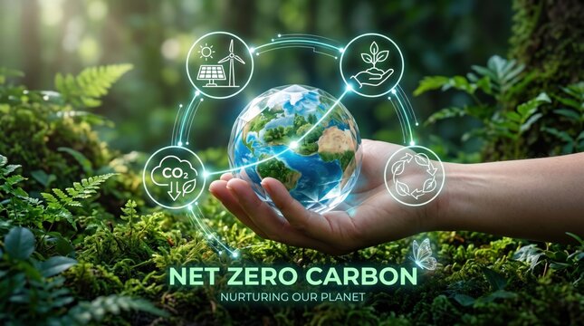 Hand holding earth globe surrounded by green ecology icons representing net zero carbon emissions