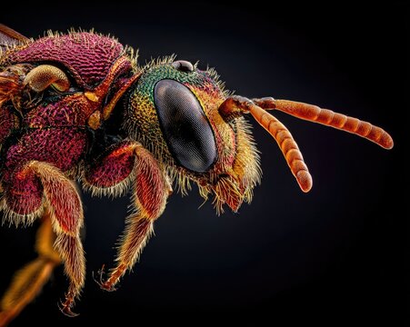 A macro shot of a bee's spiracles (breathing holes) on its abdomen, scientific imaging, extreme detail, black background