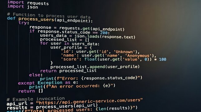 Python programming code for API data processing, software development background, web scraping script syntax highlighting in dark editor theme