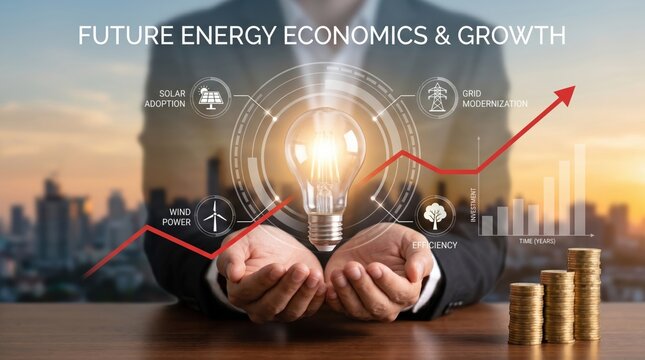 Future energy economics and growth, renewable solar wind power adoption, grid modernization, efficiency investment rising trend graph