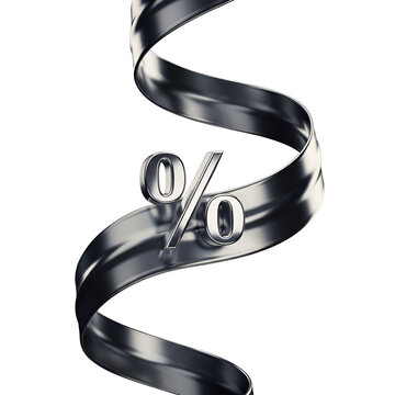 Metallic silver percent sign with spiral ribbon isolated on white background
