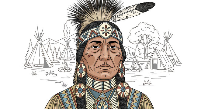 Native American Man Wearing Traditional Headdress.