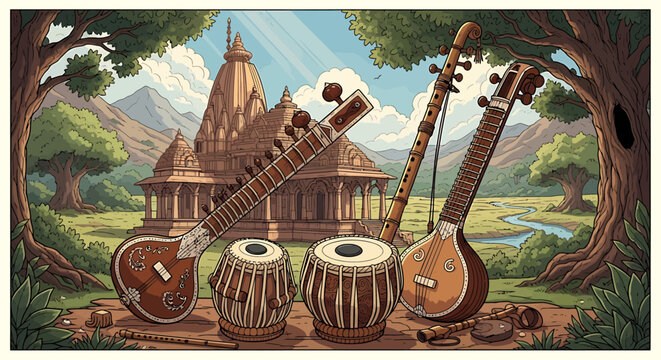 Traditional Indian Musical Instruments Displayed.