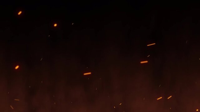 Real bonfire background glowing fire flakes blowing wind hot sparks smoke particles motion graphic for cinematic fire overlay and atmospheric video.