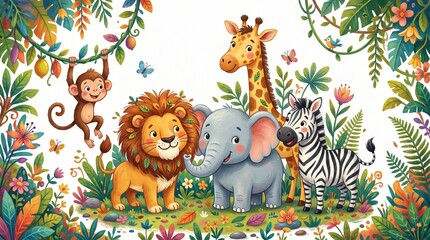 Fototapeta premium Cute cartoon jungle animals