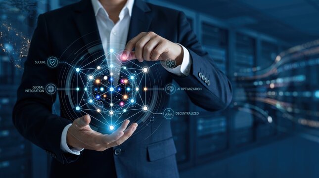 Businessman touching virtual hologram sphere with network nodes, symbolizing global integration
