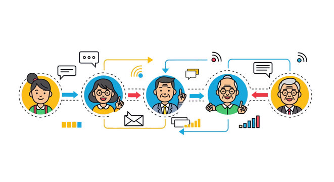 A linear flow of communication and information exchange between diverse cartoon people, illustrating networking and social interaction.