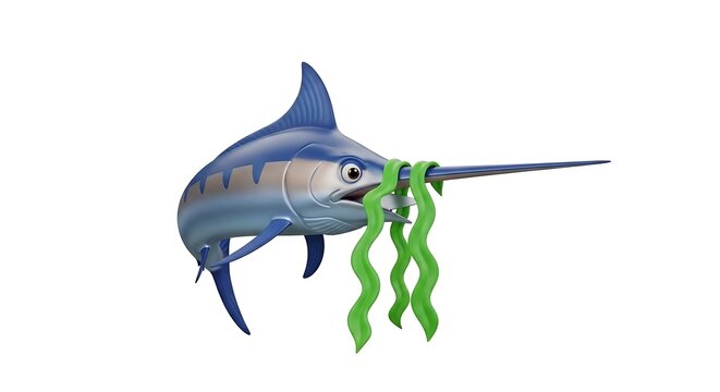 Cartoon marlin fish with green seaweed on its rostrum