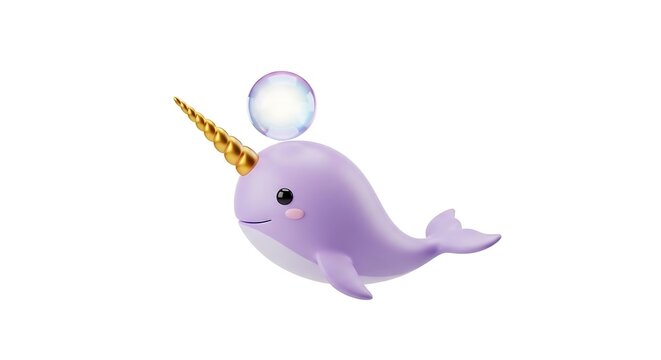 Sweet purple narwhal with a golden horn and floating bubble