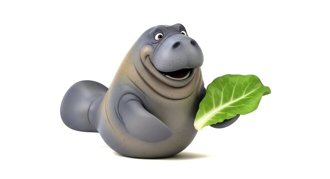 Friendly manatee character holding a fresh green lettuce leaf