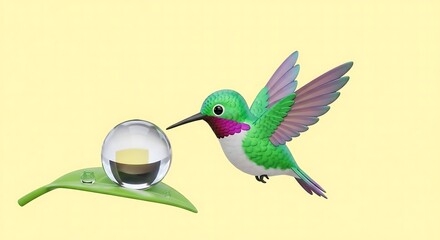 Naklejka premium Vibrant green hummingbird hovering near a large water drop