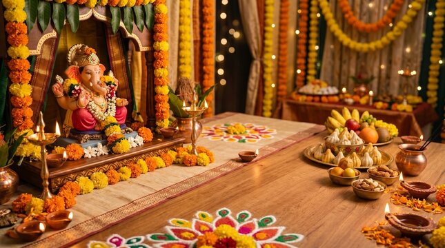 Ganesh Chaturthi, modak sweets, oil lamps and marigold flowers arranged beautifully with warm festive lighting