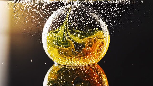 Bright citrus‑colored bubble hovering above a glossy black surface, with swirling yellow and green patterns and tiny droplets creating a vibrant, high‑contrast summer abstract scene.