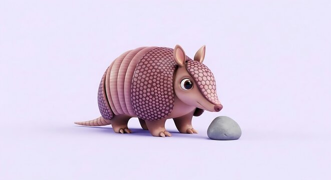 Friendly cartoon armadillo exploring a small stone