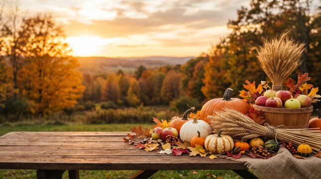 Mabon Equinox, autumn harvest display featuring pumpkins, apples, wheat bundles and colorful leaves under warm sunset light