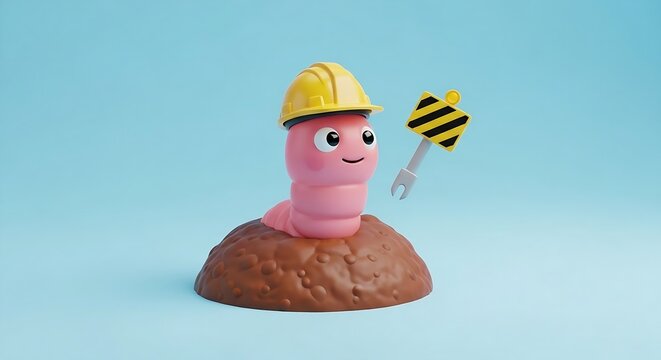 Cartoon worm in hard hat emerging from the ground