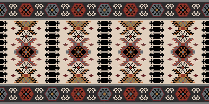 Seamless bohemian tribal textile pattern vector with ethnic geometric motifs for fashion fabric, apparel, and home decor design.