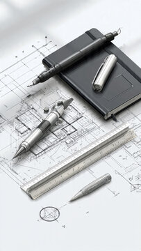 Mechanical drafting tools pencil sharpener ruler and technical drawings on graph paper for engineering design