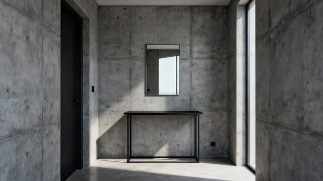 Minimalist industrial entryway with concrete walls, a console table, and a mirror