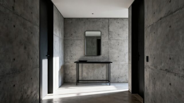 Minimalist industrial entryway with concrete walls and a console table with a mirror