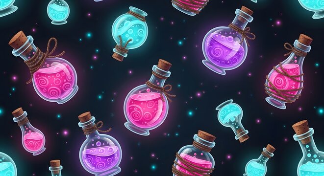 Seamless pattern with magical glowing potion bottles