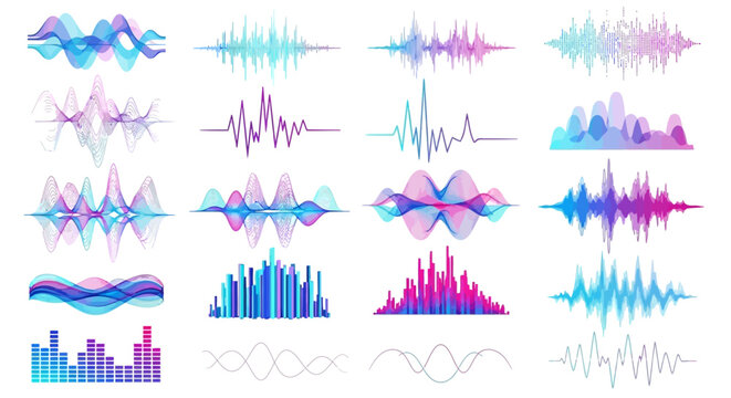 Vibrant collection of digital sound waves and audio spectrum visualizations, displaying dynamic musical frequencies and equalizer elements for various sonic experiences and data representation