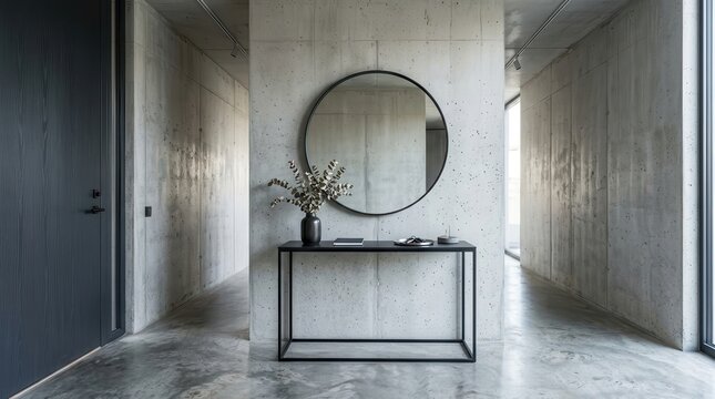 Minimalist industrial entryway with concrete walls, a console table, and a round mirror