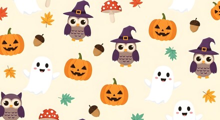 Naklejka premium Cute halloween pattern with owls, ghosts, pumpkins, mushrooms, and acorns