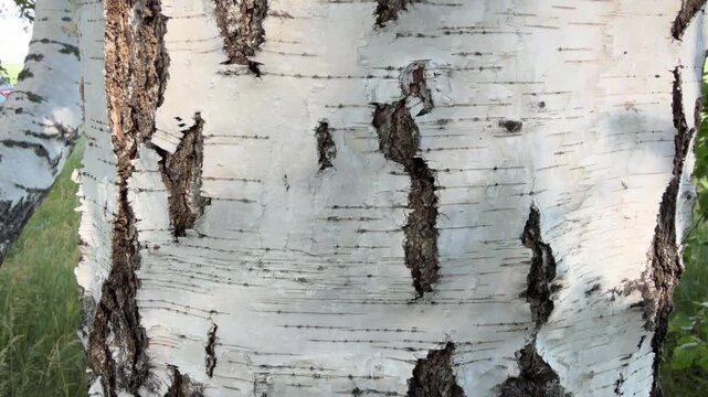 Detailed Texture of Birch Tree Bark: A close-up view showcases the intricate, peeling white bark of a birch tree, revealing the dark, rugged texture underneath.
