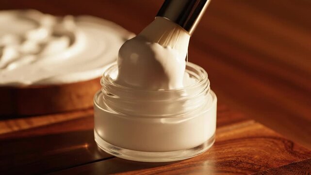 Macro shot of a cosmetic brush lifting white moisturizer cream from a glass jar, demonstrating smooth texture and luxurious skincare application.