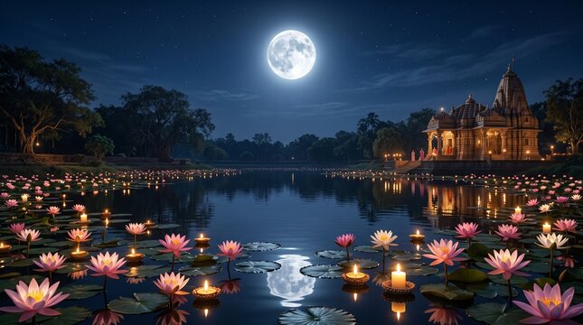 Bhadrapada Purnima, lotus flowers illuminated by moonlight and glowing candle reflections