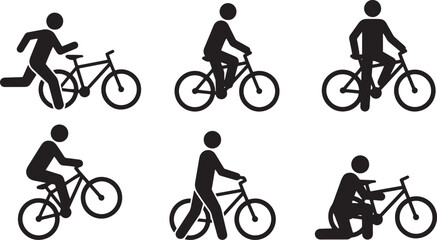 Obraz premium Set of Black Bicycle Icons Featuring People Cycling Repairing and Walking with Bikes for Transportation Design.