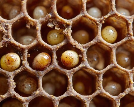 A macro shot of bee eggs and larvae in open cells, royal jelly visible, beginning of life, beekeeping science